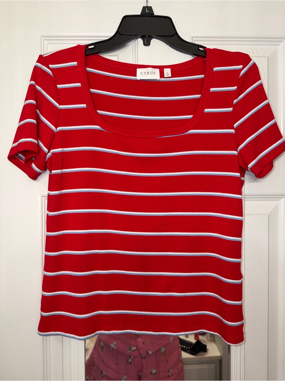 Cyrus Red Scoop Neck Short Sleeve Tee with White and Light Blue Stripes